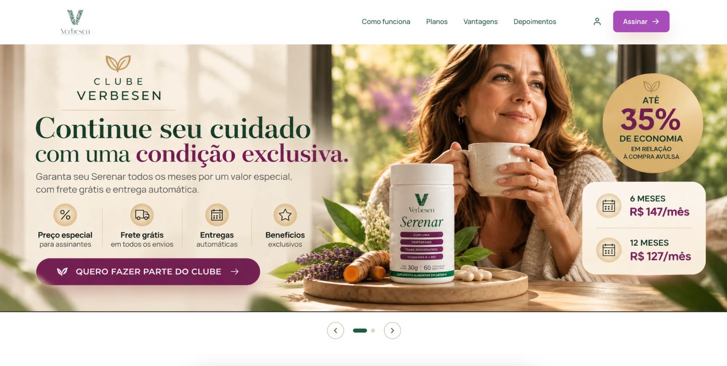 Página do Clube Verbesen: o título “Continue seu cuidado com uma condição exclusiva”, o selo de até 35% de economia em relação à compra avulsa e os planos de 6 meses a R$ 147 por mês e de 12 meses a R$ 127 por mês.